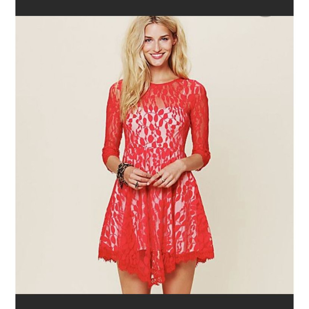 free people red lace mini dress sz 2 3/4 sleeve, boho, festival, stagecoach‎